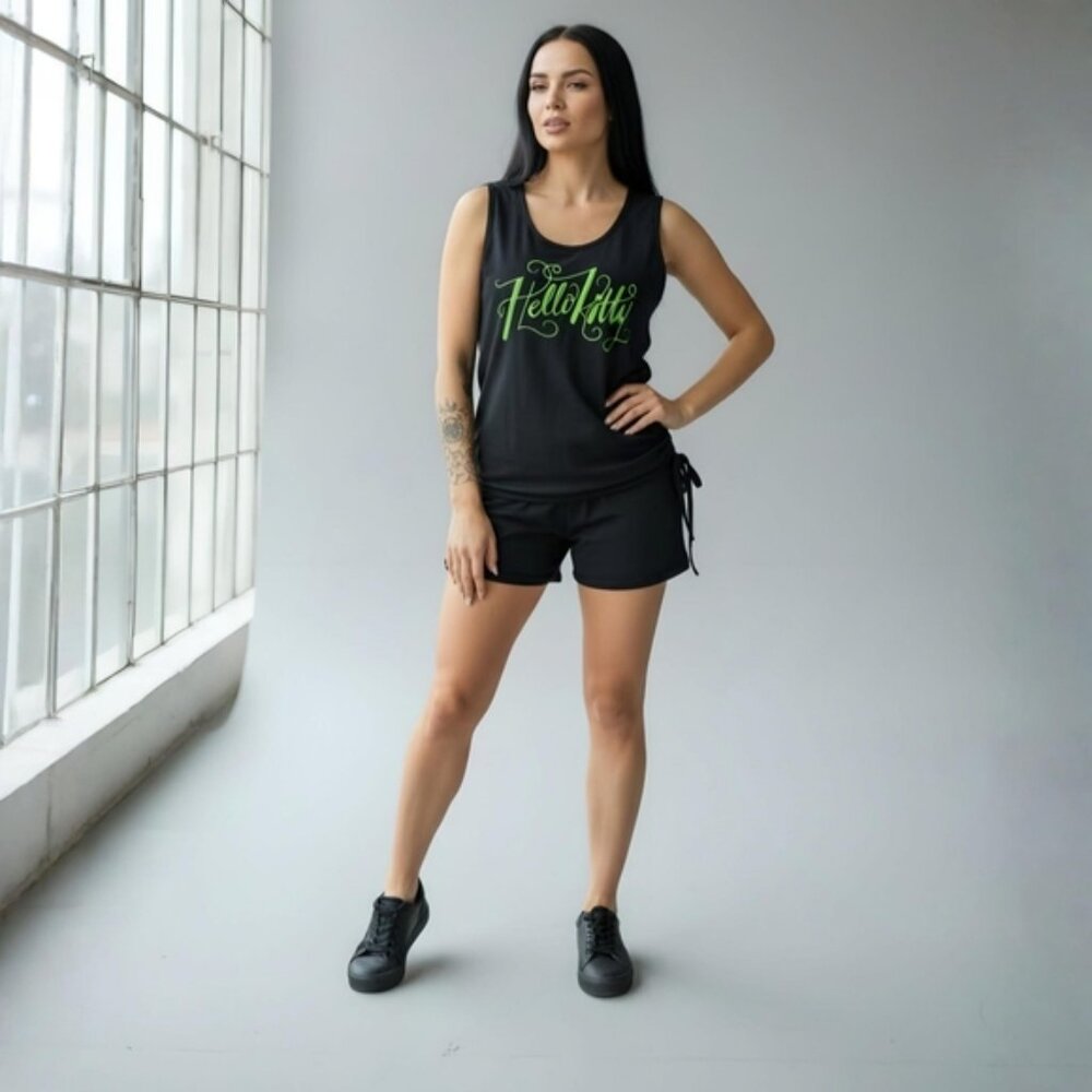 Sanrio Hello Kitty ✦ Black Neon Green Mesh Set ✦ Ruched Tank & Shorts L/M NWT - Picture 2 of 10